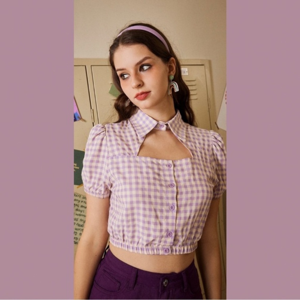 CROP TOP | Plaid Cut Out Button Funnel Spread Collar | Women’s Size 2